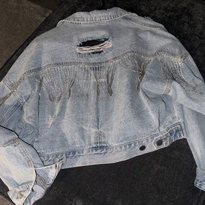 Blue B distressed rhinestone tassel jean jacket